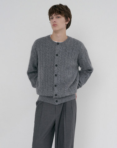 UNISEX HAIRY CABLE CREW NECK CARDIGAN MELANGE GREY_M_UDSW6D121G2