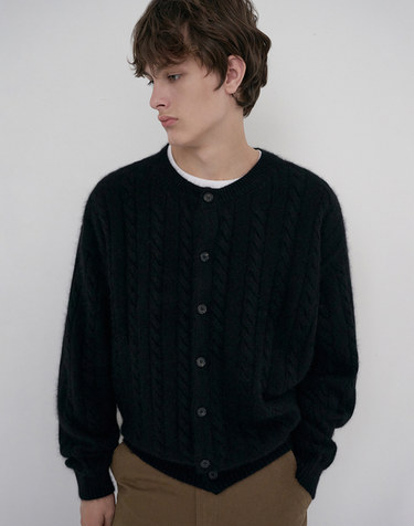 UNISEX HAIRY CABLE CREW NECK CARDIGAN BLACK_M_UDSW6D121BK