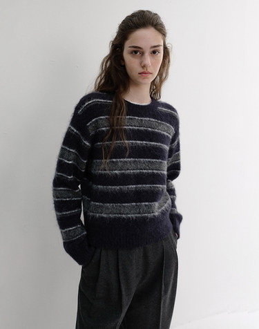 UNISEX STRIPED HAIRY SWEATER NAVY GREY_UDSW6D139N2