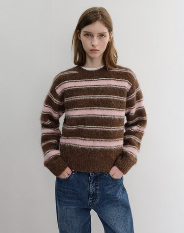 UNISEX STRIPED HAIRY SWEATER BROWN PINK_UDSW6D139W2