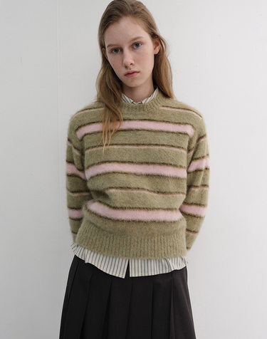 UNISEX STRIPED HAIRY SWEATER OLIVE PINK_UDSW6D139E1