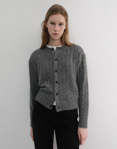 UNISEX HAIRY CABLE CREW NECK CARDIGAN MELANGE GREY_UDSW6D121G2