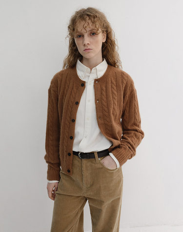 UNISEX HAIRY CABLE CREW NECK CARDIGAN CAMEL_UDSW6D121CM