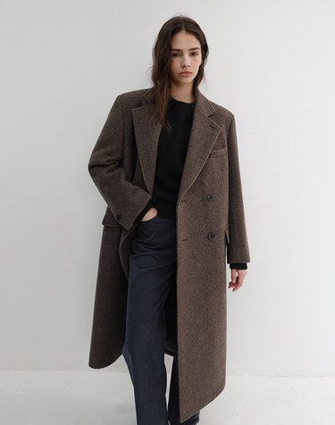 UNISEX LOOSE DOUBLE-BREASTED COAT BROWN MELANGE_UDCO6D127W3