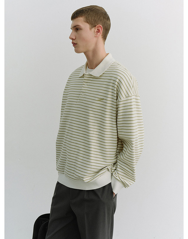 던스트 UNISEX STRIPED LOGO COLLARED T-SHIRT OLIVE STRIPE_M_UDTS6A120K1 그린 착용컷