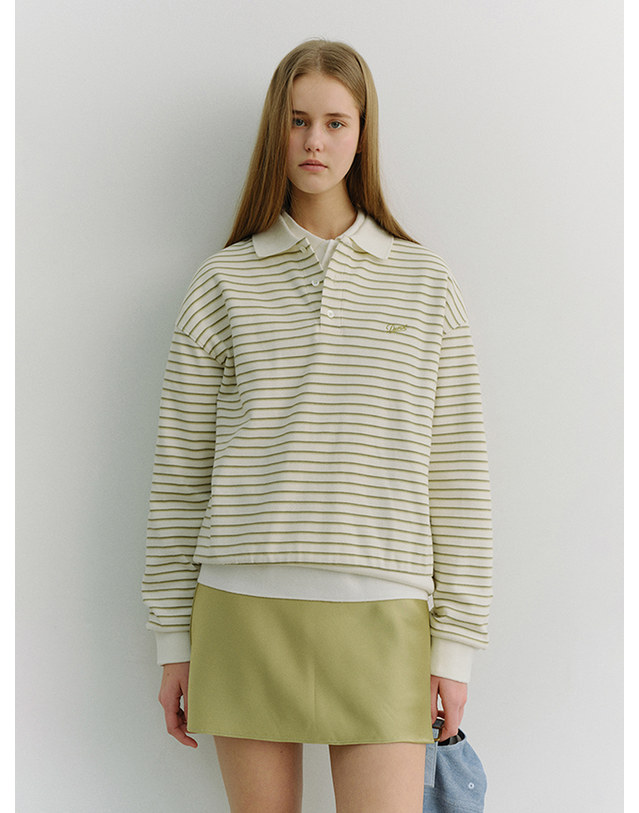 던스트 UNISEX STRIPED LOGO COLLARED T-SHIRT OLIVE STRIPE_M_UDTS6A120K1 그린 착용컷