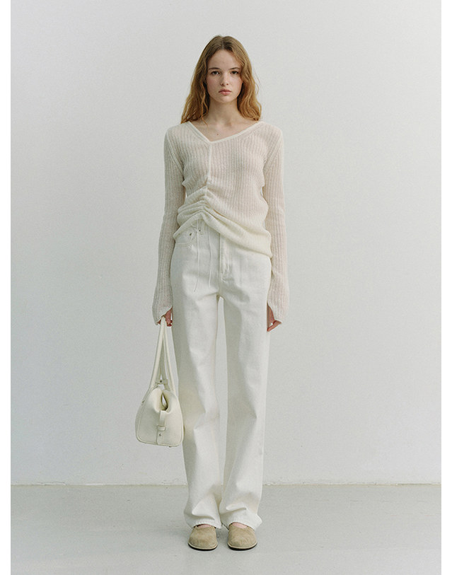 던스트 2-WAY SHIRRING KNIT TOP IVORY_UDSW6A204Y1 노랑 착용컷