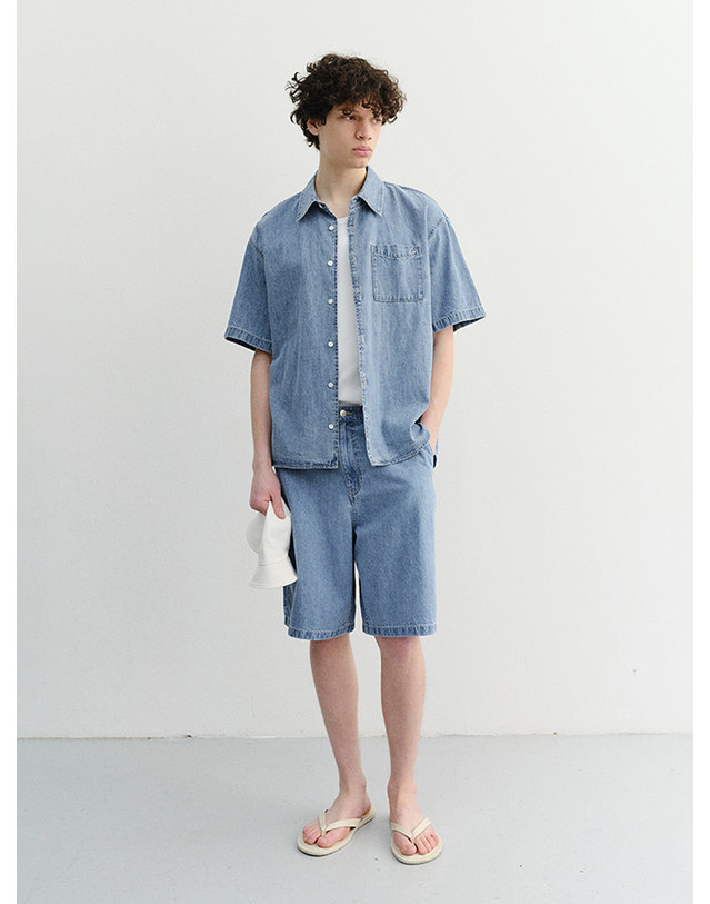 던스트 UNISEX LINEN DENIM SHIRT LIGHT BLUE_M_UDSH6B129B1 블루 착용컷
