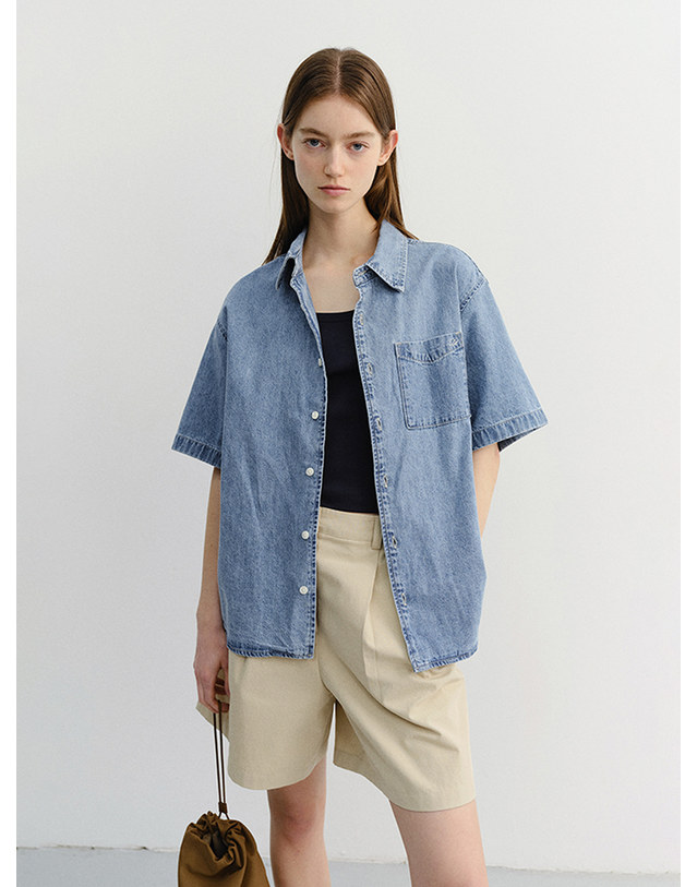 던스트 UNISEX LINEN DENIM SHIRT LIGHT BLUE_M_UDSH6B129B1 블루 착용컷