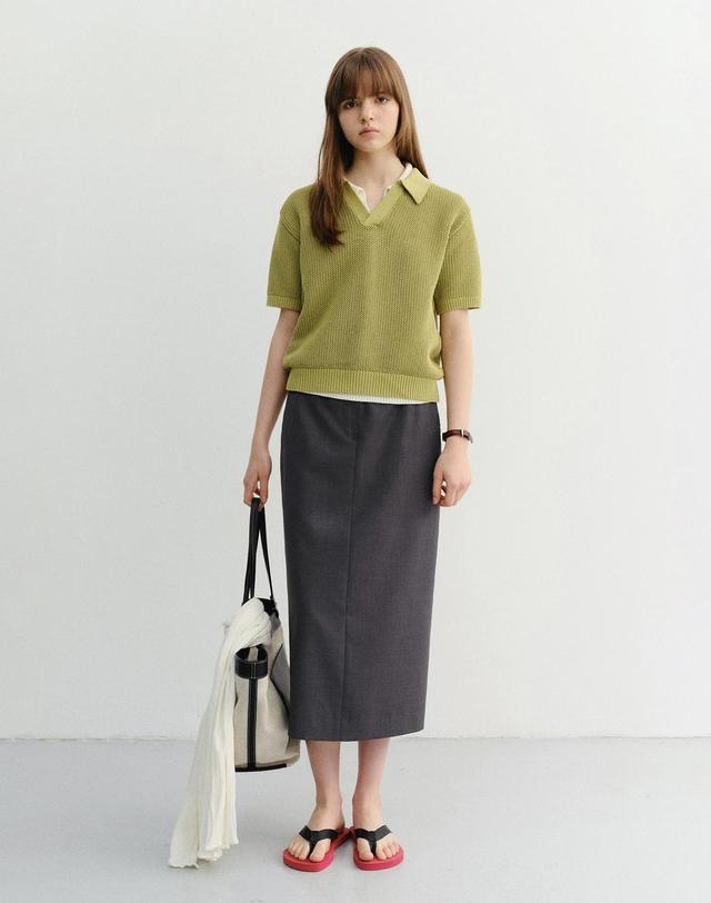 던스트 H-LINE LONG SKIRT DEEP GREY_UDSK6B233G2 그레이 착용컷