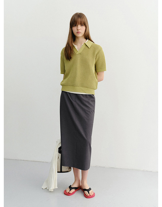 던스트 H-LINE LONG SKIRT DEEP GREY_UDSK6B233G2 그레이 착용컷