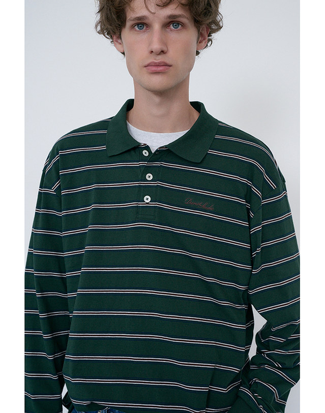 던스트 UNISEX MULTI STRIPE COLLARED T-SHIRT FOREST GREEN STRIPE_M_UDTS6C119E2 그린 착용컷