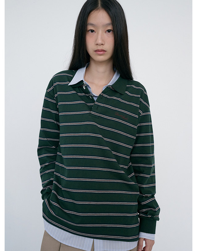 던스트 UNISEX MULTI STRIPE COLLARED T-SHIRT FOREST GREEN STRIPE_M_UDTS6C119E2 그린 착용컷