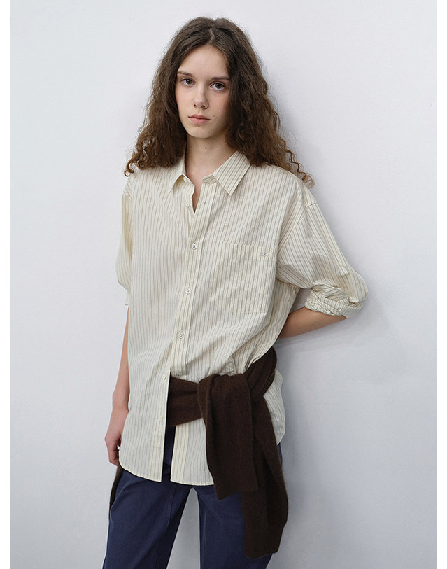 던스트 [XS,S,L,XL 10/27 예약배송] UNISEX INFORMAL SHIRT IVORY STRIPE_M_UDSH6C102IV 아이보리 착용컷