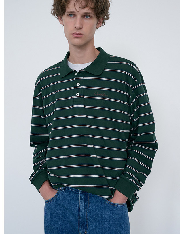 던스트 UNISEX MULTI STRIPE COLLARED T-SHIRT FOREST GREEN STRIPE_UDTS6C119E2 그린 착용컷