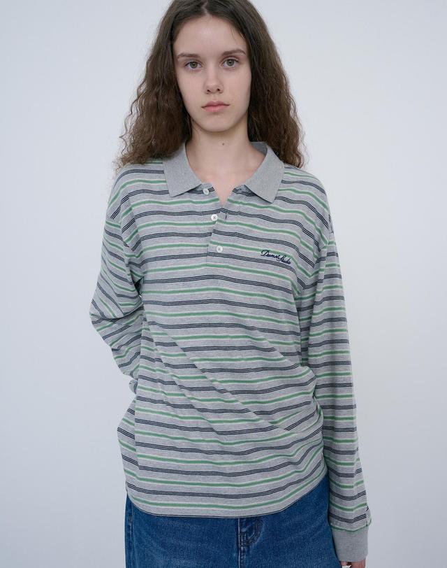 던스트 UNISEX MULTI STRIPE COLLARED T-SHIRT MELANGE GREY STRIPE_UDTS6C119G2 그레이 착용컷