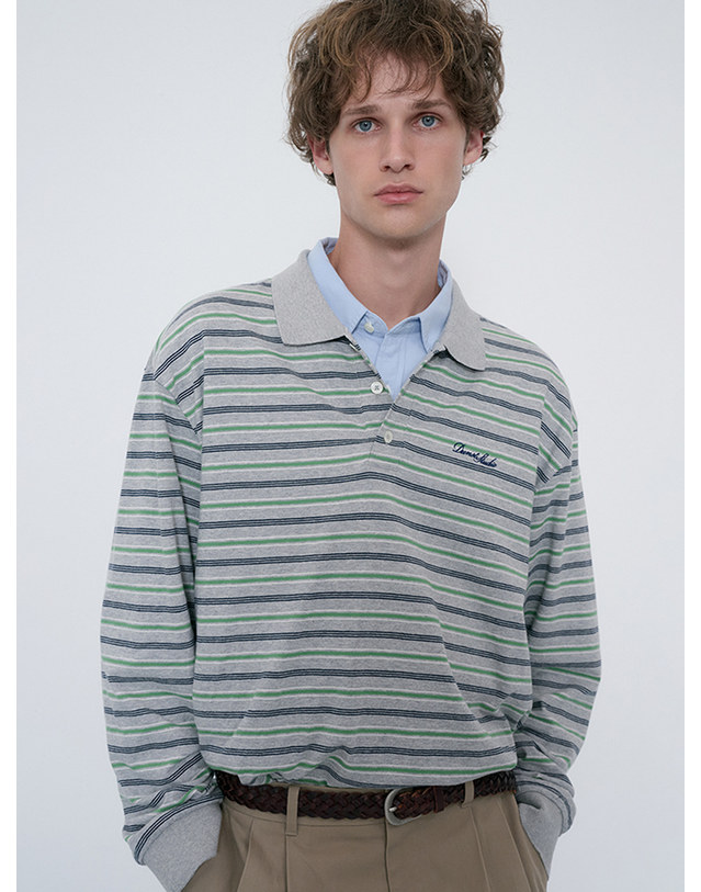 던스트 UNISEX MULTI STRIPE COLLARED T-SHIRT MELANGE GREY STRIPE_UDTS6C119G2 그레이 착용컷