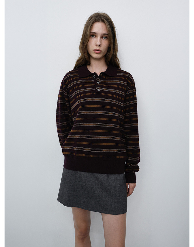 던스트 UNISEX COLLARED STRIPED SWEATER BROWN_M_UDSW6C115W2 브라운 착용컷