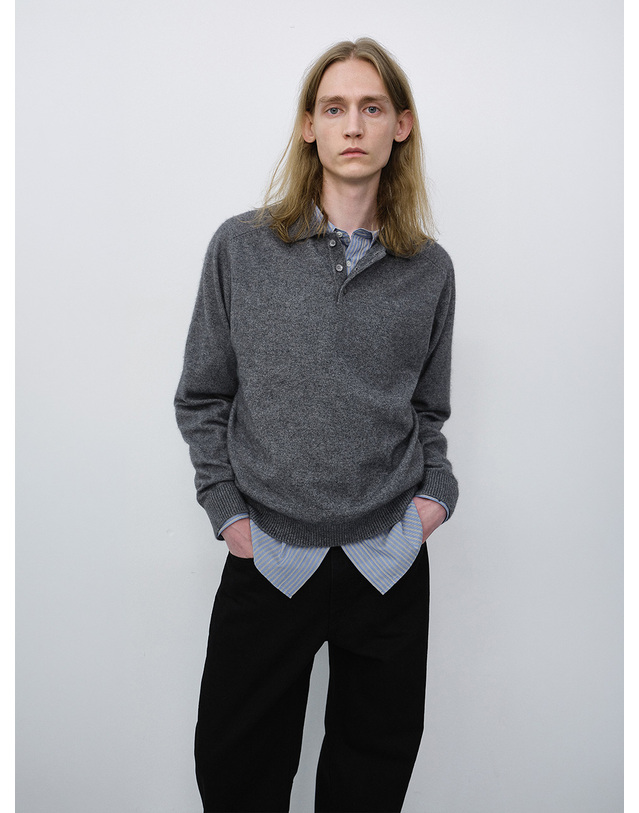 던스트 UNISEX COLLARED SWEATER MELANGE GREY_UDSW6C112G2 그레이 착용컷