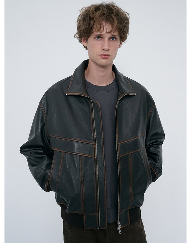 던스트 UNISEX STAND COLLARED LEATHER BLOUSON BRUSHED BROWN_UDJU6C103W2 브라운 착용컷