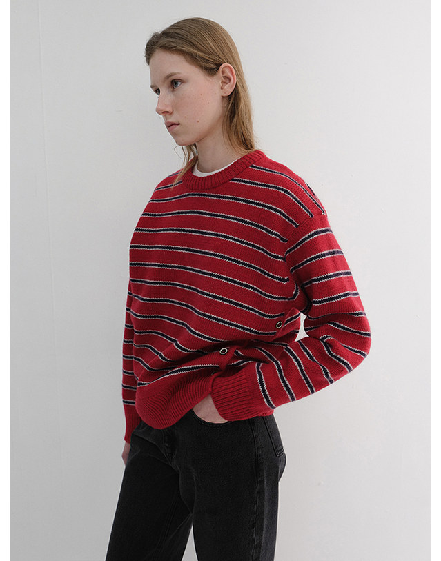 던스트 UNISEX STRIPED CHUNKY SWEATER RED_UDSW6D138R2 레드 착용컷
