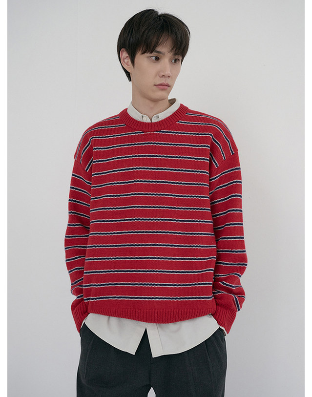 던스트 UNISEX STRIPED CHUNKY SWEATER RED_UDSW6D138R2 레드 착용컷
