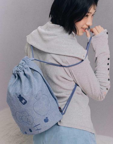 Denim String Backpack Hello Kitty Washed Blue
