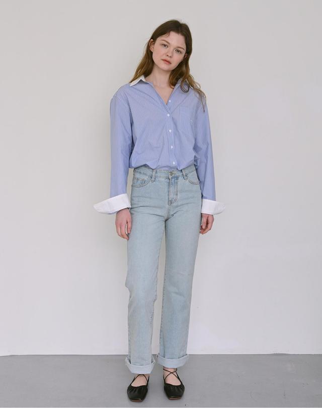 헨스 Signature oversized shirt (blue&white) 착용컷