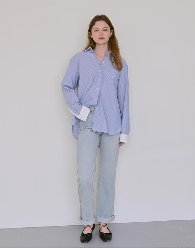 헨스 Signature oversized shirt (blue&white) 착용컷