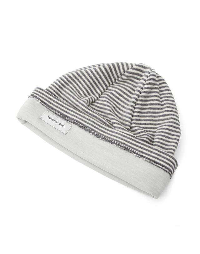 언더컨트롤 플리스 겨울 스트라이프 투톤 니트 두겹 비니 TENCEL MIX LONG WINTER HAT / DUAL COLOR / GREY MILK 착용컷