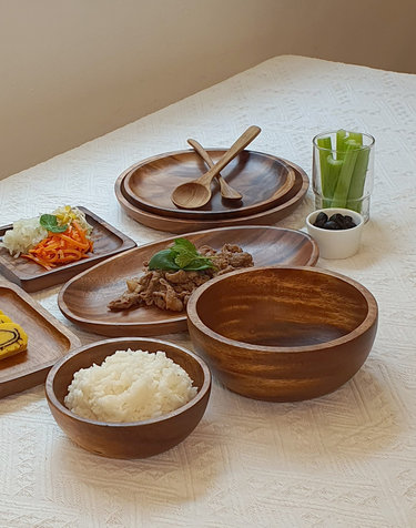 Holin 아카시아 통원목 수제 우드 공기 대접 2인조 4P 세트