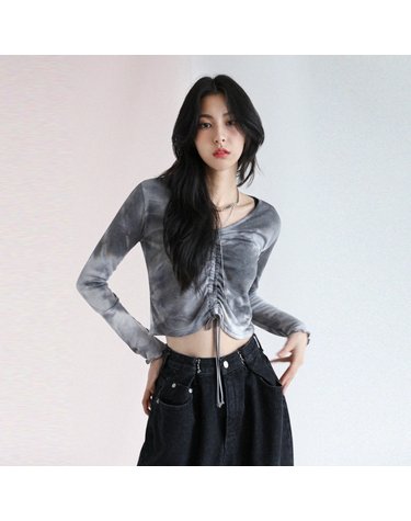 브이넥 타이다이 롱 티셔츠-그레이
