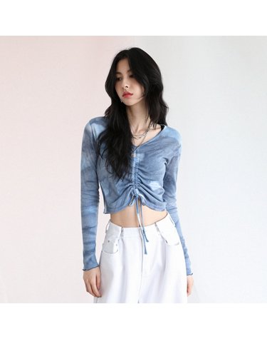 브이넥 타이다이 롱 티셔츠-블루