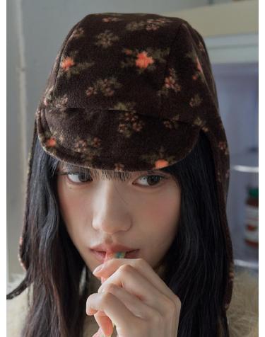CORDUROY EARFLAP HAT IN FLORAL BROWN
