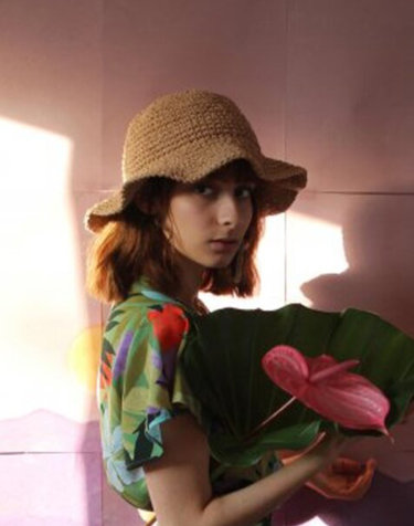 straw punching bucket hat in deep beige