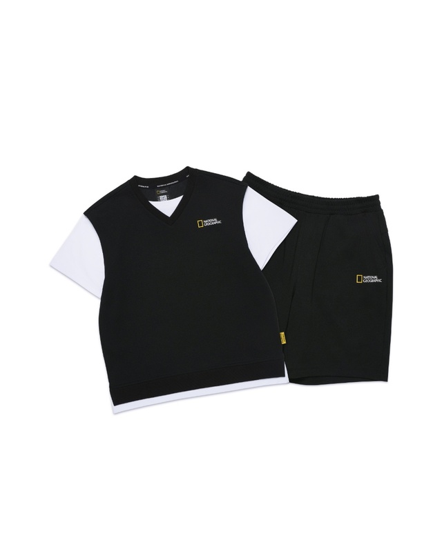 내셔널지오그래픽 키즈 내셔널지오그래픽키즈 K252UPB920 컬러블럭 5부 상하 SET CARBONBLACK 착용컷