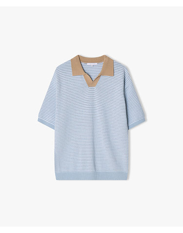 [25SS] LLM51540 스카이블루 클레릭 오픈칼라 하프 니트 탑