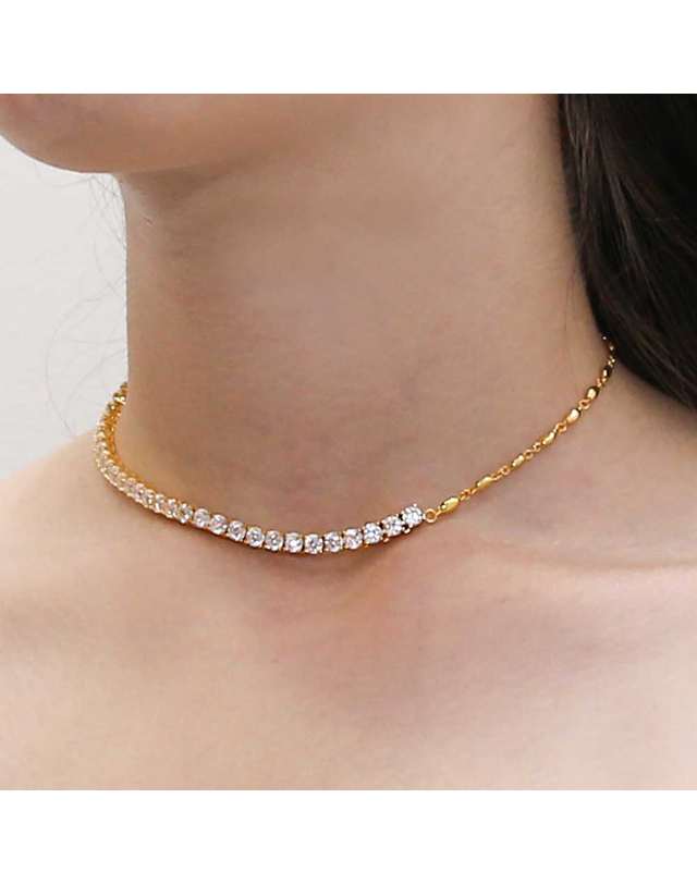 디파르베 925 silver + 18k gold 하프 테니스체인 oblique line 목걸이 착용컷