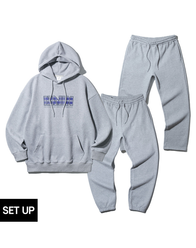 앨빈클로 [SET] 앨빈클로 체크 포인트 후드티 무지 조거/세미와이드 팬츠 셋업 착용컷