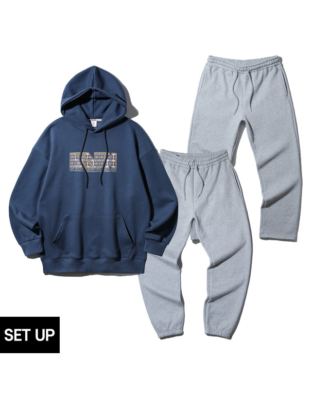 앨빈클로 [SET] 앨빈클로 체크 포인트 후드티 무지 조거/세미와이드 팬츠 셋업 착용컷