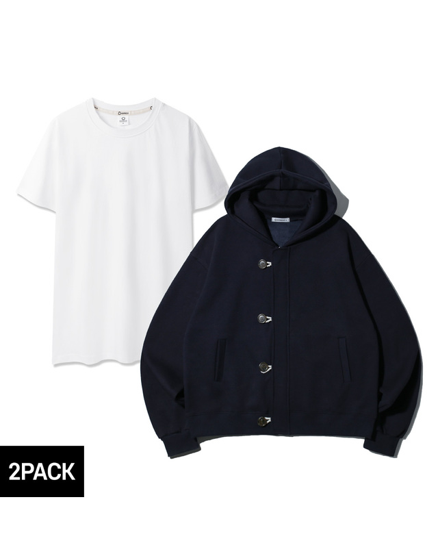 앨빈클로 [2PACK] 앨빈클로 집업 후드 가디건 레이어드 티셔츠 2종 패키지 착용컷