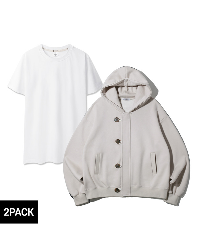 앨빈클로 [2PACK] 앨빈클로 집업 후드 가디건 레이어드 티셔츠 2종 패키지 착용컷