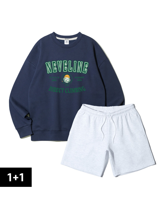 앨빈클로 [2PACK] 앨빈클로 NEVELINE 마운티널스 오버핏 맨투맨 무지 반바지 2종 패키지 착용컷