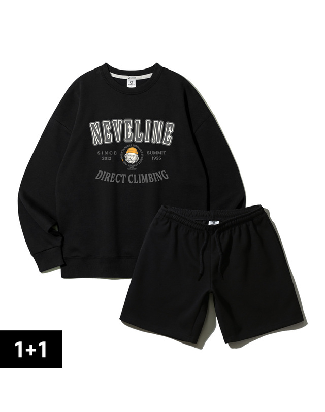 앨빈클로 [2PACK] 앨빈클로 NEVELINE 마운티널스 오버핏 맨투맨 무지 반바지 2종 패키지 착용컷