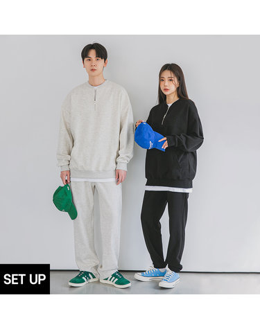 [SET] 앨빈클로 a 라운드 반집업 맨투맨 무지 조거/세미와이드 팬츠 셋업