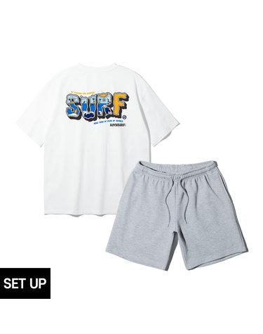 [SET] 앨빈클로 BEACH IN SURF 오버핏 반팔티 코튼 밴딩 스웨트 반바지 셋업