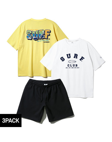 [3PACK] 앨빈클로 BEACH IN SURF CLUB 오버핏 반팔티 코튼 밴딩 스웨트 반바지 셋업 3종 패키지