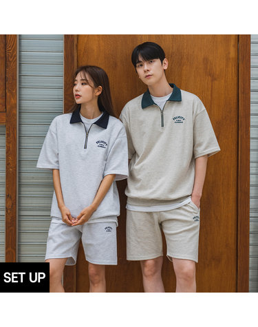 [SET] FELICITY 반집업 배색 카라 반팔 맨투맨 밴드 반바지 셋업