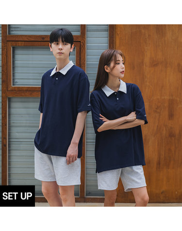 [SET] 앨빈클로 AMUSE 배색 카라 반팔티 코튼 밴딩 스웨트 반바지 셋업