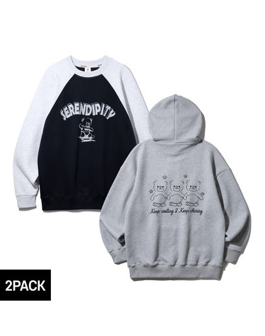 [2PACK] 앨빈클로 곰돌이 오버핏 후드티+맨투맨 2종 패키지